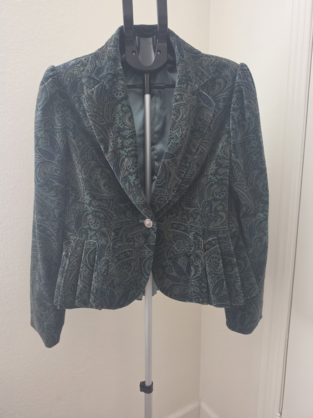Georgiou Paisley Peplum Blazer Fitted One Button Teal Green Blue Size 12